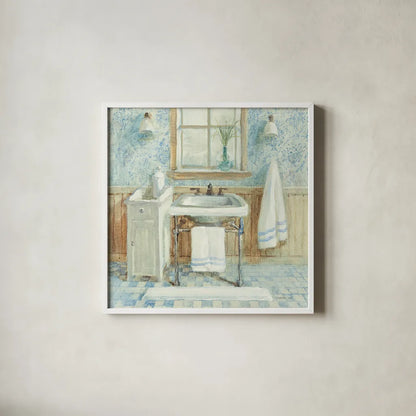Victorian Sink I by Danhui Nai. Shown in a crisp white glass frame for a clean and minimalist style. Available as an archival giclee rolled canvas, fine art paper, or poster print. SKU 5439a.