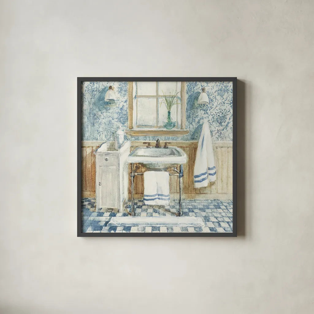 Victorian Sink I Navy by Danhui Nai. Shown in a sleek black glass frame for a contemporary gallery look. Available as an archival giclee rolled canvas, fine art paper, or poster print. SKU 54882a.