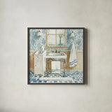 Victorian Sink I Navy by Danhui Nai. Shown in a sleek black glass frame for a contemporary gallery look. Available as an archival giclee rolled canvas, fine art paper, or poster print. SKU 54882a.
