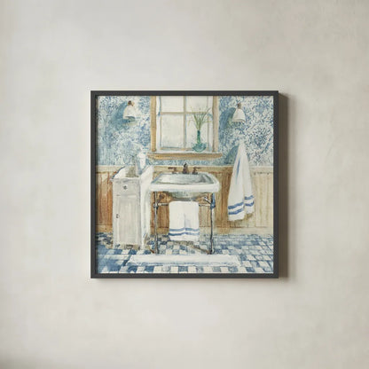 Victorian Sink I Navy by Danhui Nai. Shown in a sleek black glass frame for a contemporary gallery look. Available as an archival giclee rolled canvas, fine art paper, or poster print. SKU 54882a.