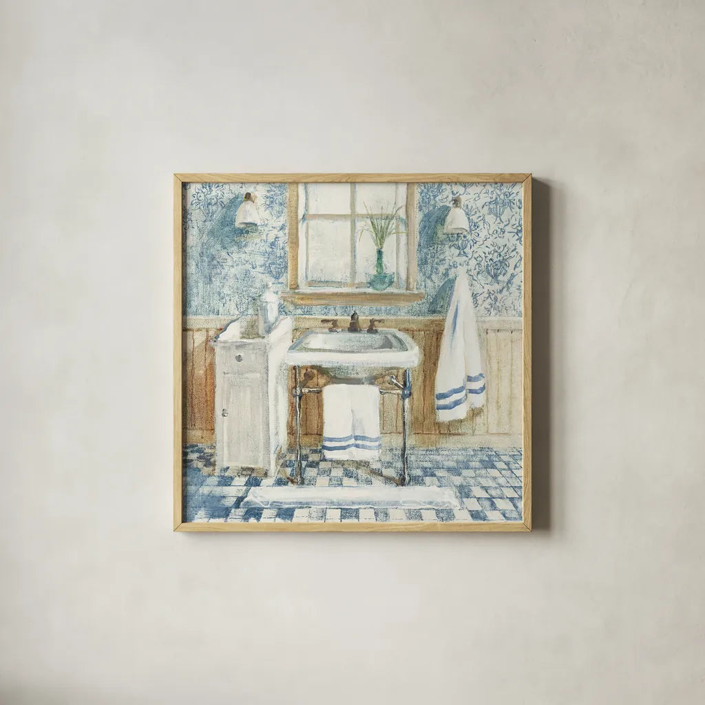 Victorian Sink I Navy by Danhui Nai. Shown in a natural wood glass frame for a timeless modern aesthetic. Available as an archival giclee rolled canvas, fine art paper, or poster print. SKU 54882a.