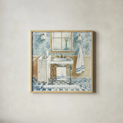 Victorian Sink I Navy by Danhui Nai. Shown in a natural wood glass frame for a timeless modern aesthetic. Available as an archival giclee rolled canvas, fine art paper, or poster print. SKU 54882a.