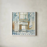 Victorian Sink I Navy by Danhui Nai. Shown in a crisp white glass frame for a clean and minimalist style. Available as an archival giclee rolled canvas, fine art paper, or poster print. SKU 54882a.