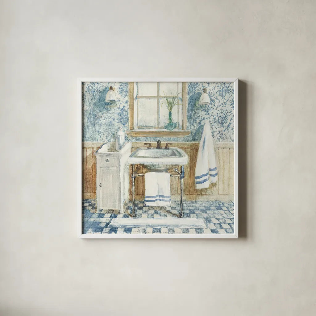 Victorian Sink I Navy by Danhui Nai. Shown in a crisp white glass frame for a clean and minimalist style. Available as an archival giclee rolled canvas, fine art paper, or poster print. SKU 54882a.