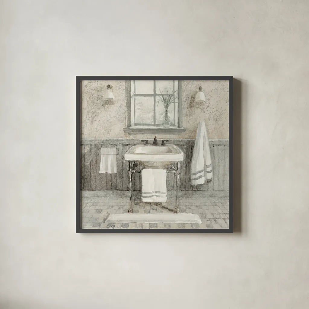 Victorian Sink I Neutral by Danhui Nai. Shown in a sleek black glass frame for a contemporary gallery look. Available as an archival giclee rolled canvas, fine art paper, or poster print. SKU 88748a.