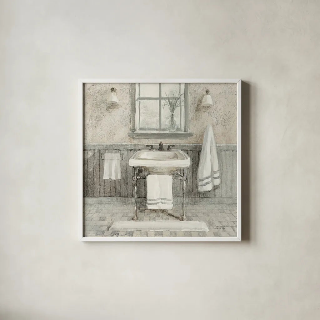 Victorian Sink I Neutral by Danhui Nai. Shown in a crisp white glass frame for a clean and minimalist style. Available as an archival giclee rolled canvas, fine art paper, or poster print. SKU 88748a.