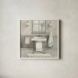 Victorian Sink I Neutral by Danhui Nai. Shown in a crisp white glass frame for a clean and minimalist style. Available as an archival giclee rolled canvas, fine art paper, or poster print. SKU 88748a.