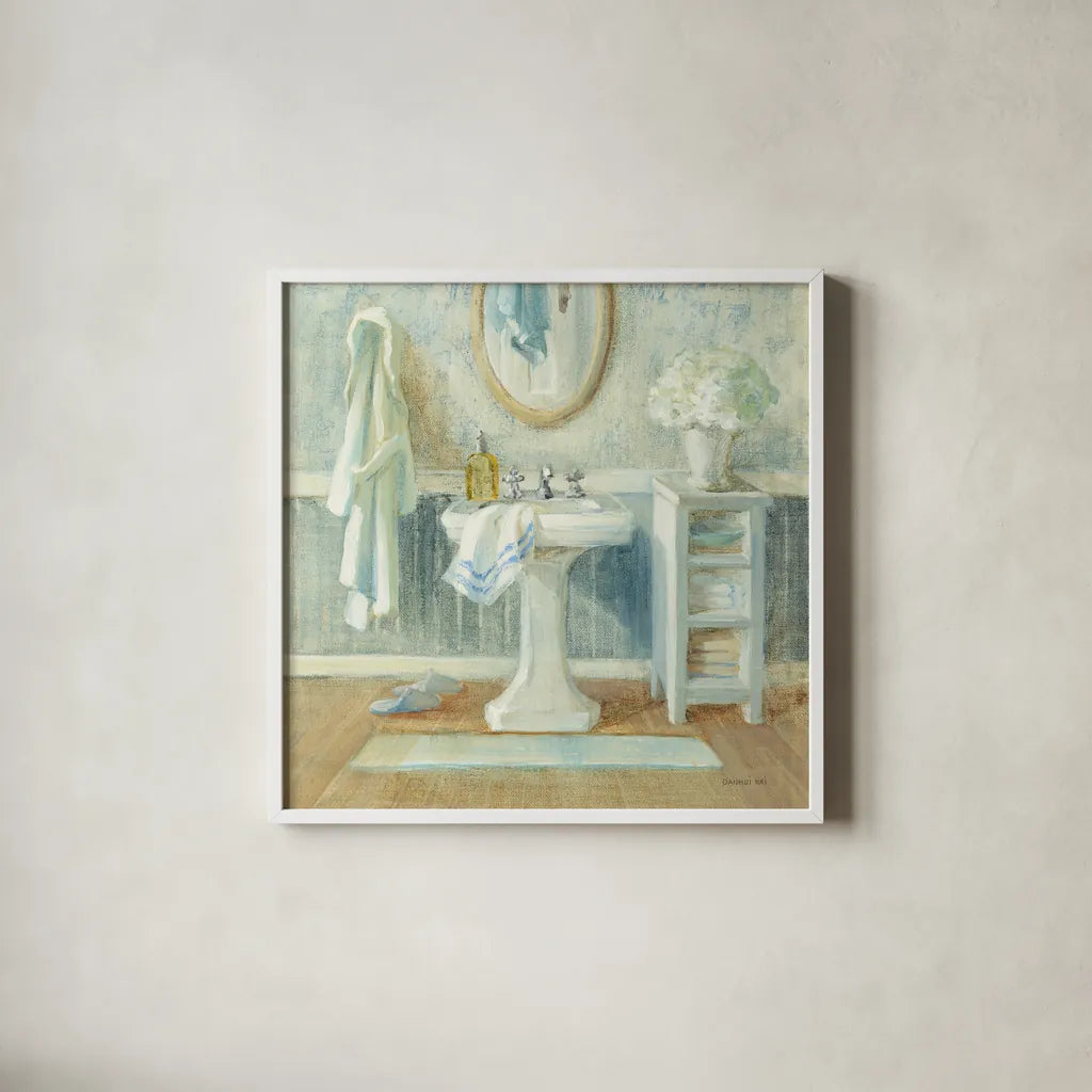Victorian Sink II by Danhui Nai. Shown in a crisp white glass frame for a clean and minimalist style. Available as an archival giclee rolled canvas, fine art paper, or poster print. SKU 5440a.