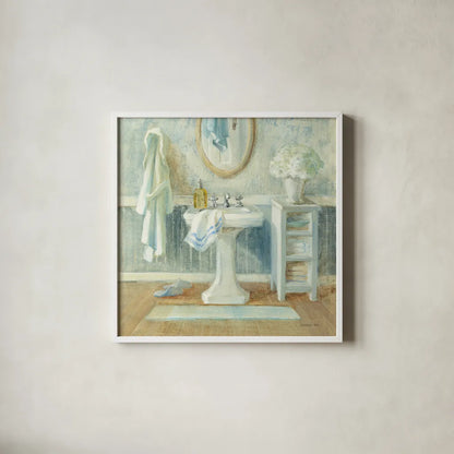 Victorian Sink II by Danhui Nai. Shown in a crisp white glass frame for a clean and minimalist style. Available as an archival giclee rolled canvas, fine art paper, or poster print. SKU 5440a.