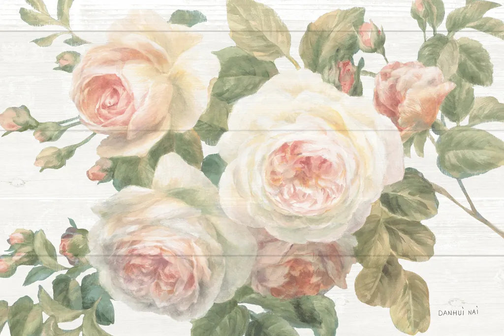 Vintage Roses White on Shiplap Crop by Danhui Nai. SKU 44831i. Archival Giclee Fine art print for wall decor.