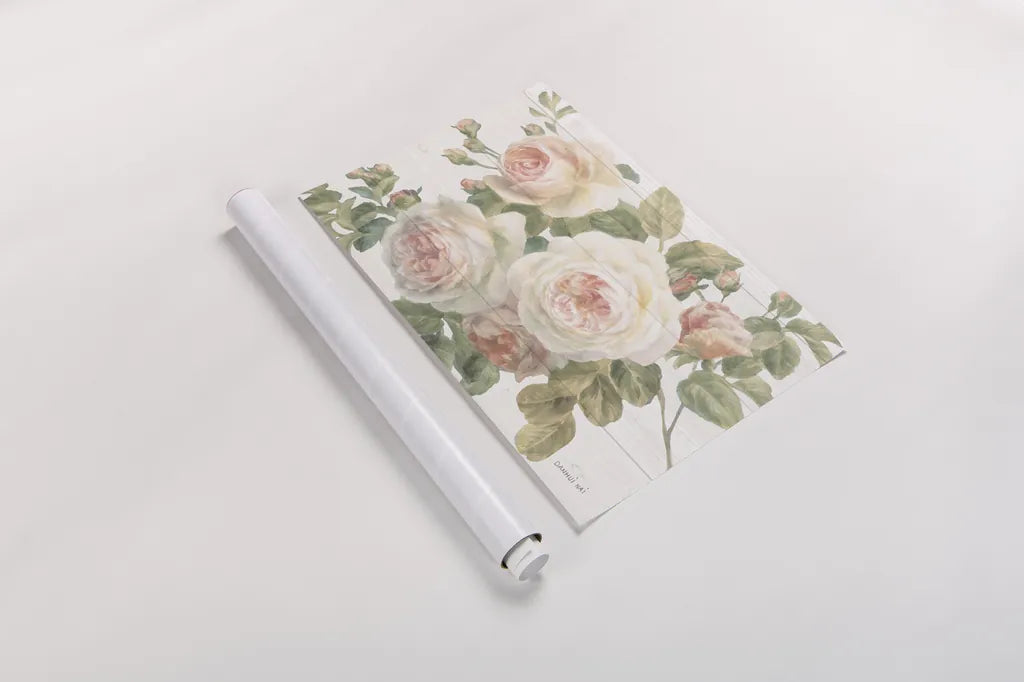 Vintage Roses White on Shiplap Crop by Danhui Nai. shown as a rolled paper print. Available as archival giclee rolled canvas, fine art paper, or poster print. SKU 44831i.