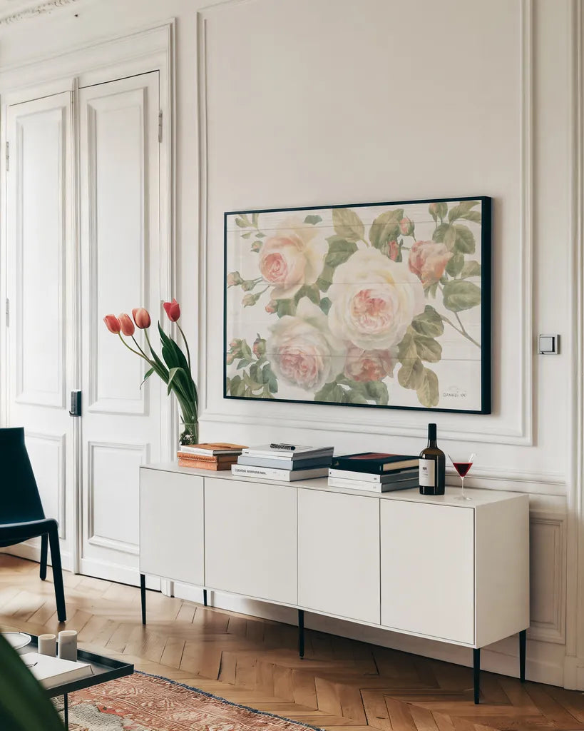 Vintage Roses White on Shiplap Crop by Danhui Nai. shown as a framed stretched canvas in a living room above a console. Available as a archival giclee rolled canvas, fine art paper, or poster print. SKU 44831i.
