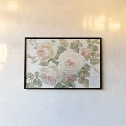 Vintage Roses White on Shiplap Crop by Danhui Nai. shown as a paper print in a black flame. Available as a archival giclee rolled canvas, fine art paper, or poster print. SKU 44831i.