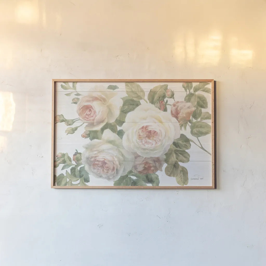 Vintage Roses White on Shiplap Crop by Danhui Nai. shown as a paper print in a natural frame. Available as a archival giclee rolled canvas, fine art paper, or poster print. SKU 44831i.