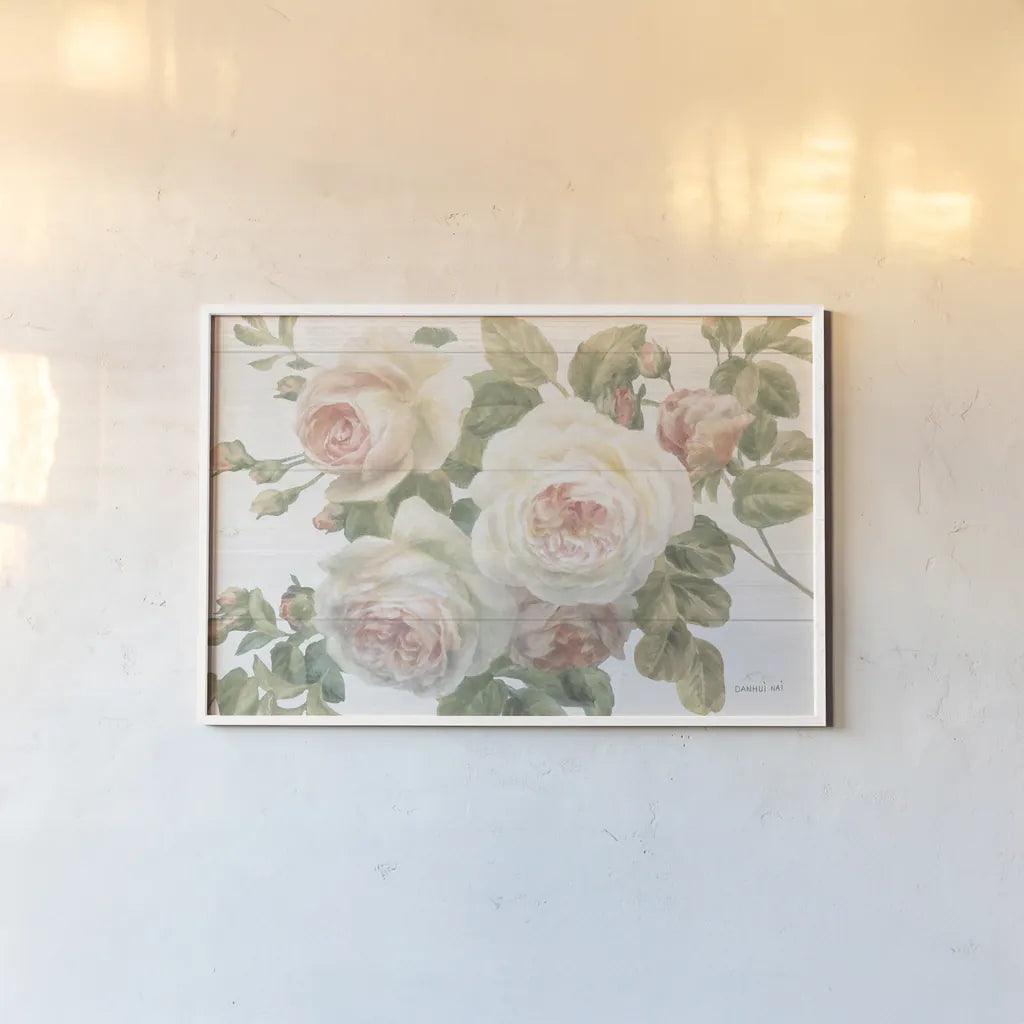 Vintage Roses White on Shiplap Crop by Danhui Nai. shown as a paper print in a white frame. Available as a archival giclee rolled canvas, fine art paper, or poster print. SKU 44831i.