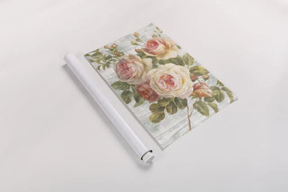 Vintage Roses on Driftwood by Danhui Nai. shown as a rolled paper print. Available as archival giclee rolled canvas, fine art paper, or poster print. SKU 11259i.