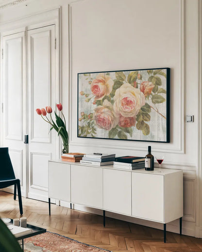 Vintage Roses on Driftwood by Danhui Nai. shown as a framed stretched canvas in a living room above a console. Available as a archival giclee rolled canvas, fine art paper, or poster print. SKU 11259i.