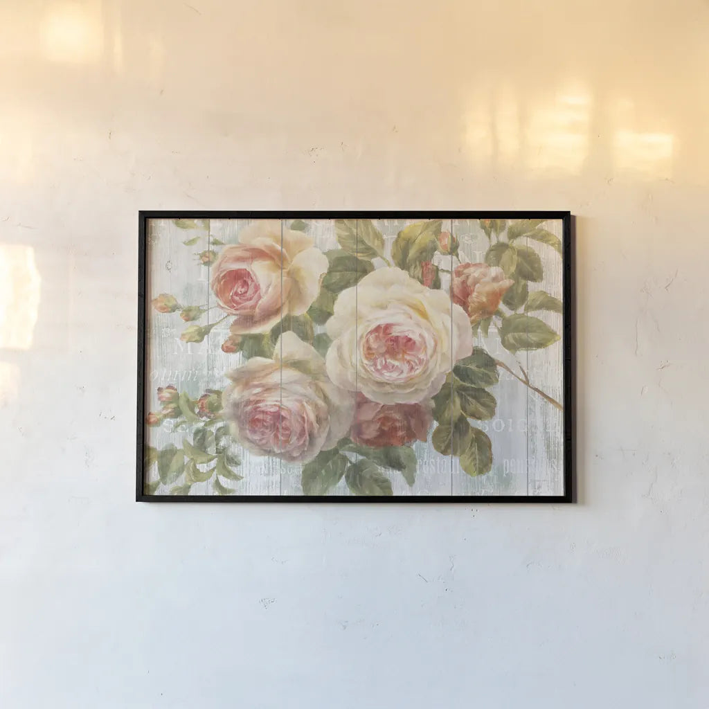 Vintage Roses on Driftwood by Danhui Nai. shown as a paper print in a black flame. Available as a archival giclee rolled canvas, fine art paper, or poster print. SKU 11259i.
