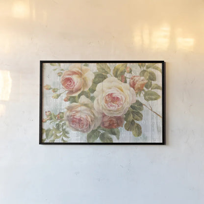 Vintage Roses on Driftwood by Danhui Nai. shown as a paper print in a black flame. Available as a archival giclee rolled canvas, fine art paper, or poster print. SKU 11259i.