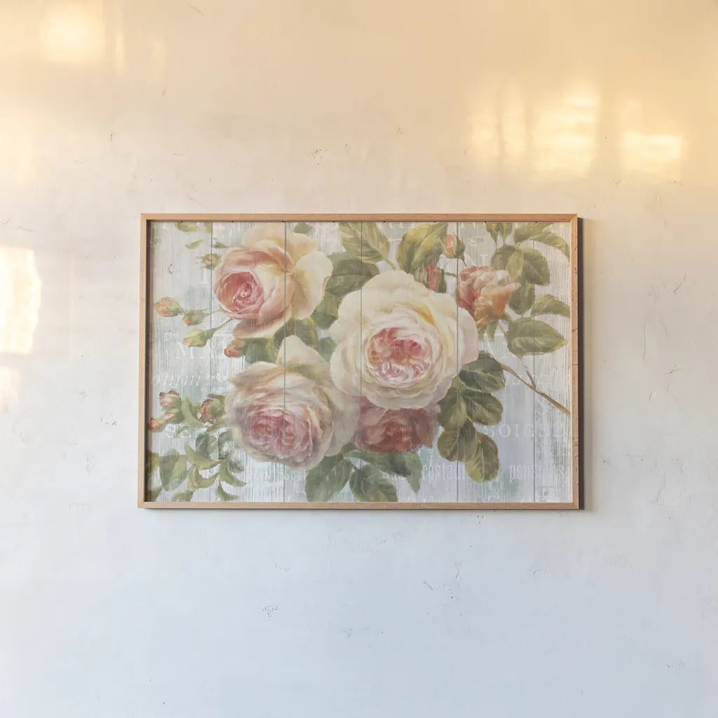 Vintage Roses on Driftwood by Danhui Nai. shown as a paper print in a natural frame. Available as a archival giclee rolled canvas, fine art paper, or poster print. SKU 11259i.
