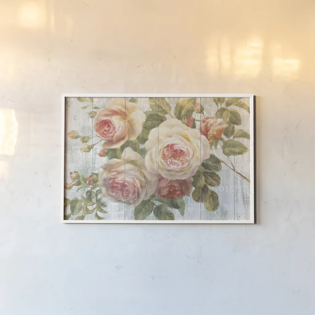 Vintage Roses on Driftwood by Danhui Nai. shown as a paper print in a white frame. Available as a archival giclee rolled canvas, fine art paper, or poster print. SKU 11259i.