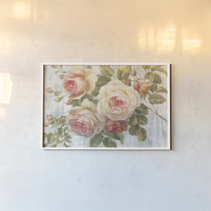 Vintage Roses on Driftwood by Danhui Nai. shown as a paper print in a white frame. Available as a archival giclee rolled canvas, fine art paper, or poster print. SKU 11259i.
