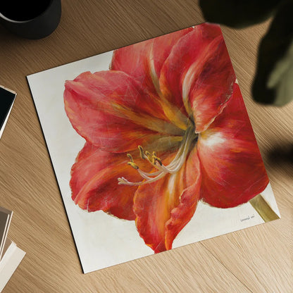 Vivid Amaryllis by Danhui Nai. Shown as a detailed flat fine art print, highlighting archival giclee quality. Available as an archival giclee rolled canvas, fine art paper, or poster print. SKU 2586a.
