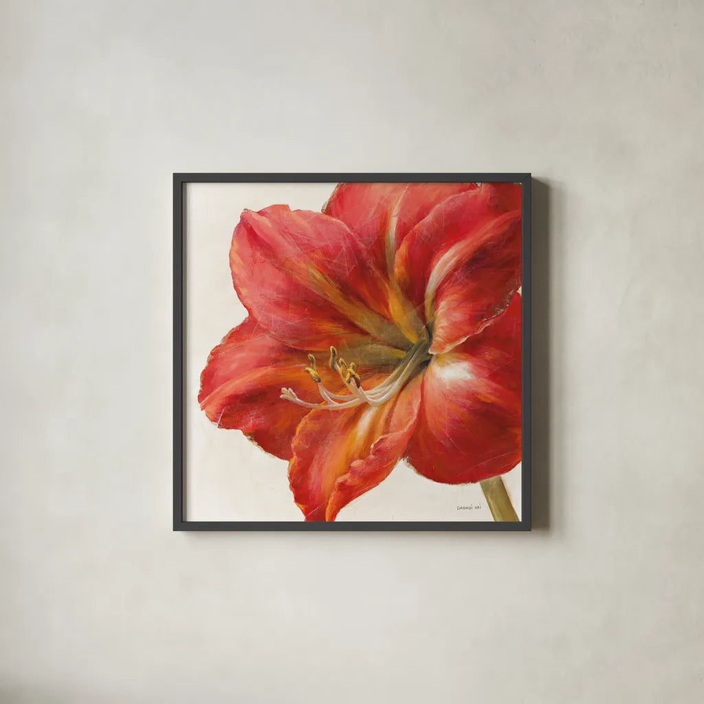 Vivid Amaryllis by Danhui Nai. Shown in a sleek black glass frame for a contemporary gallery look. Available as an archival giclee rolled canvas, fine art paper, or poster print. SKU 2586a.