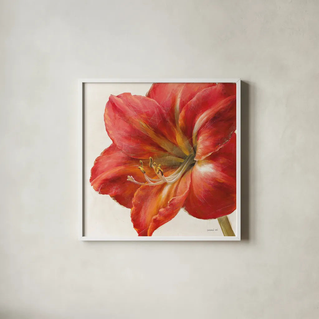 Vivid Amaryllis by Danhui Nai. Shown in a crisp white glass frame for a clean and minimalist style. Available as an archival giclee rolled canvas, fine art paper, or poster print. SKU 2586a.