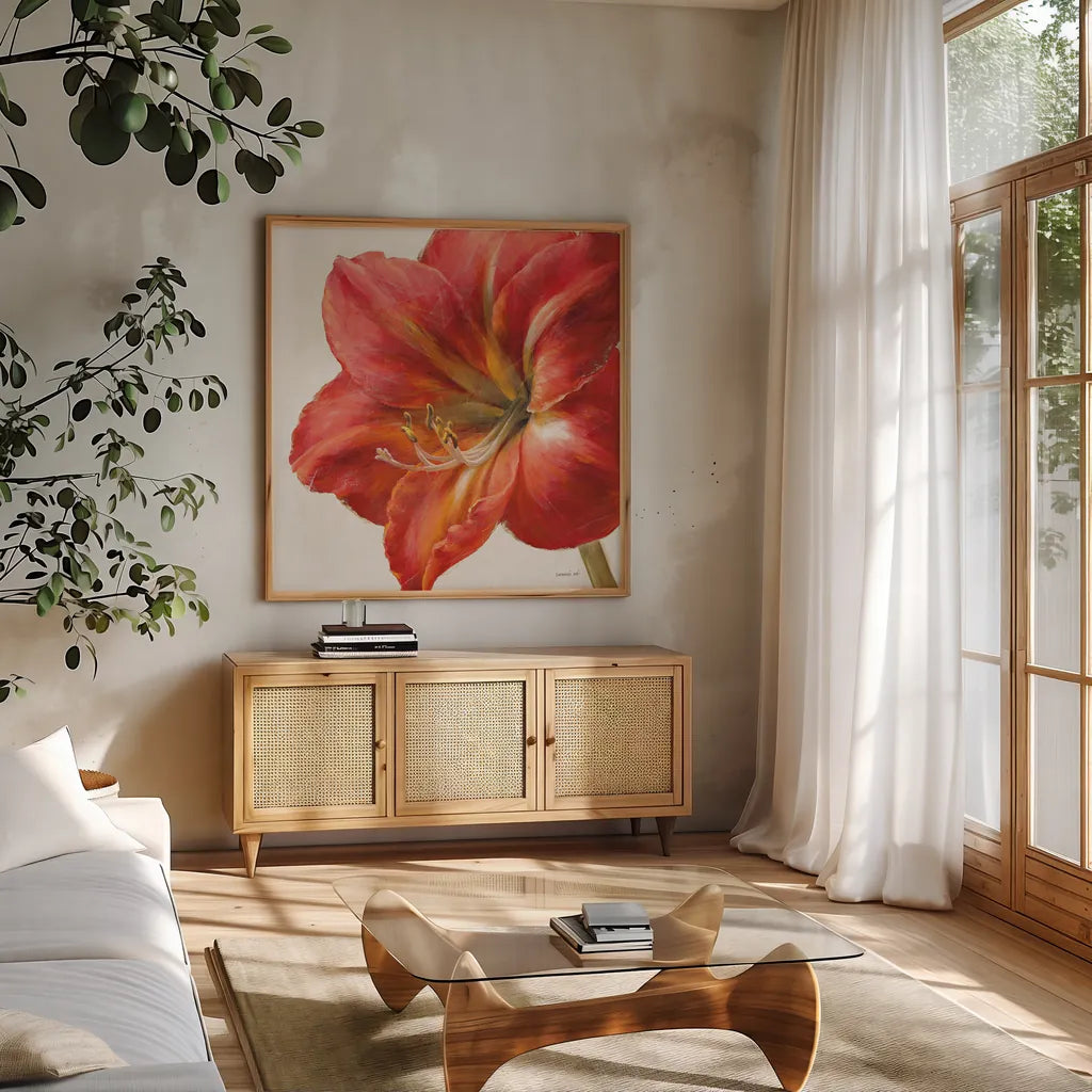 Vivid Amaryllis by Danhui Nai. Shown in a natural wood frame in a cozy modern living room. Available as an archival giclee rolled canvas, fine art paper, or poster print. SKU 2586a.