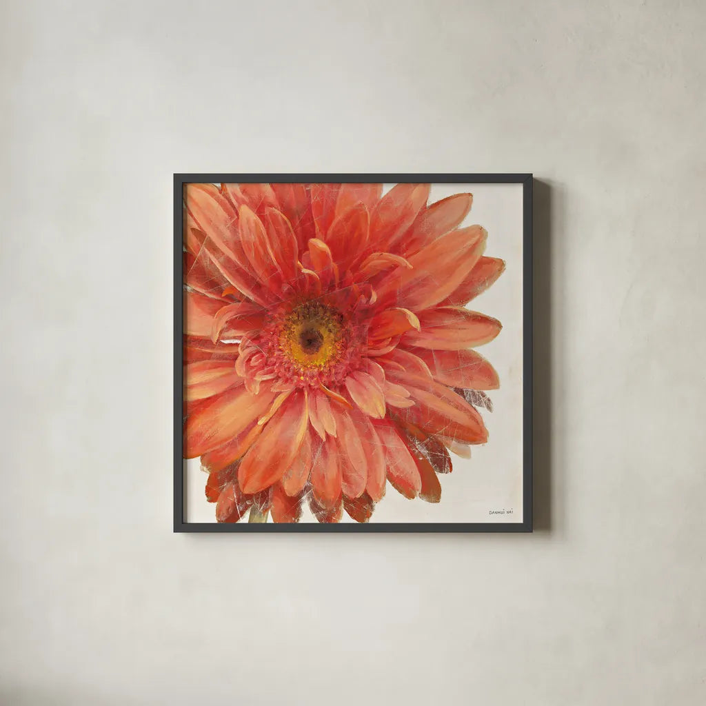 Vivid Daisy by Danhui Nai. Shown in a sleek black glass frame for a contemporary gallery look. Available as an archival giclee rolled canvas, fine art paper, or poster print. SKU 2585a.