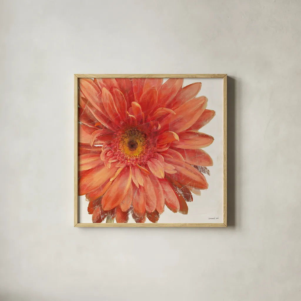 Vivid Daisy by Danhui Nai. Shown in a natural wood glass frame for a timeless modern aesthetic. Available as an archival giclee rolled canvas, fine art paper, or poster print. SKU 2585a.