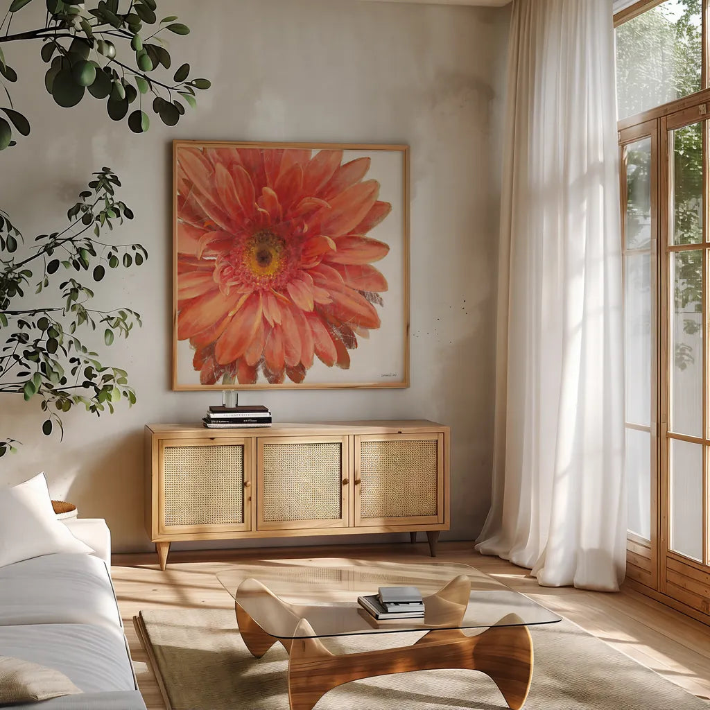 Vivid Daisy by Danhui Nai. Shown in a natural wood frame in a cozy modern living room. Available as an archival giclee rolled canvas, fine art paper, or poster print. SKU 2585a.