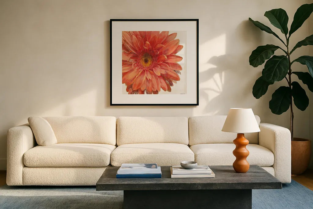 Vivid Daisy by Danhui Nai. Displayed in a glass frame with matte in a clean modern living room. Available as an archival giclee rolled canvas, fine art paper, or poster print. SKU 2585a.