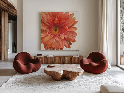 Vivid Daisy by Danhui Nai. Shown as extra-large giant wall art in a modern living room. Available as an archival giclee rolled canvas, fine art paper, or poster print. SKU 2585a.