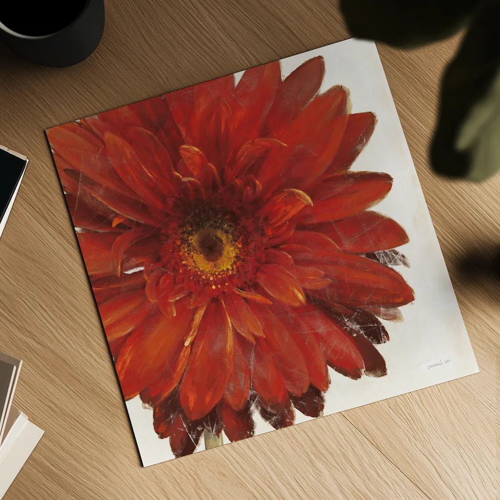 Vivid Daisy Dark Red Crop by Danhui Nai. Shown as a detailed flat fine art print, highlighting archival giclee quality. Available as an archival giclee rolled canvas, fine art paper, or poster print. SKU 51394a.