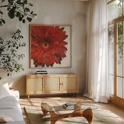 Vivid Daisy Dark Red Crop by Danhui Nai. Shown in a natural wood frame in a cozy modern living room. Available as an archival giclee rolled canvas, fine art paper, or poster print. SKU 51394a.