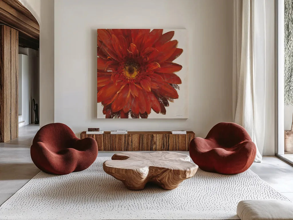 Vivid Daisy Dark Red Crop by Danhui Nai. Shown as extra-large giant wall art in a modern living room. Available as an archival giclee rolled canvas, fine art paper, or poster print. SKU 51394a.