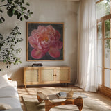 Vivid Floral I by Danhui Nai. Shown in a natural wood frame in a cozy modern living room. Available as an archival giclee rolled canvas, fine art paper, or poster print. SKU 4747a.