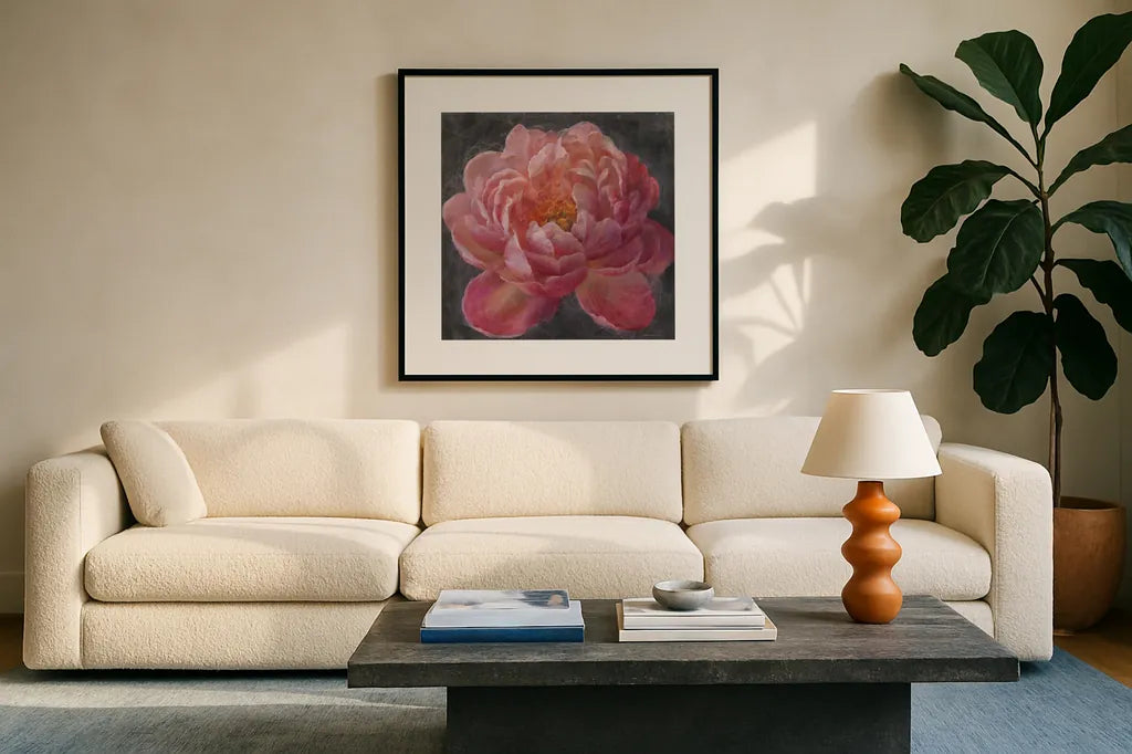 Vivid Floral I by Danhui Nai. Displayed in a glass frame with matte in a clean modern living room. Available as an archival giclee rolled canvas, fine art paper, or poster print. SKU 4747a.