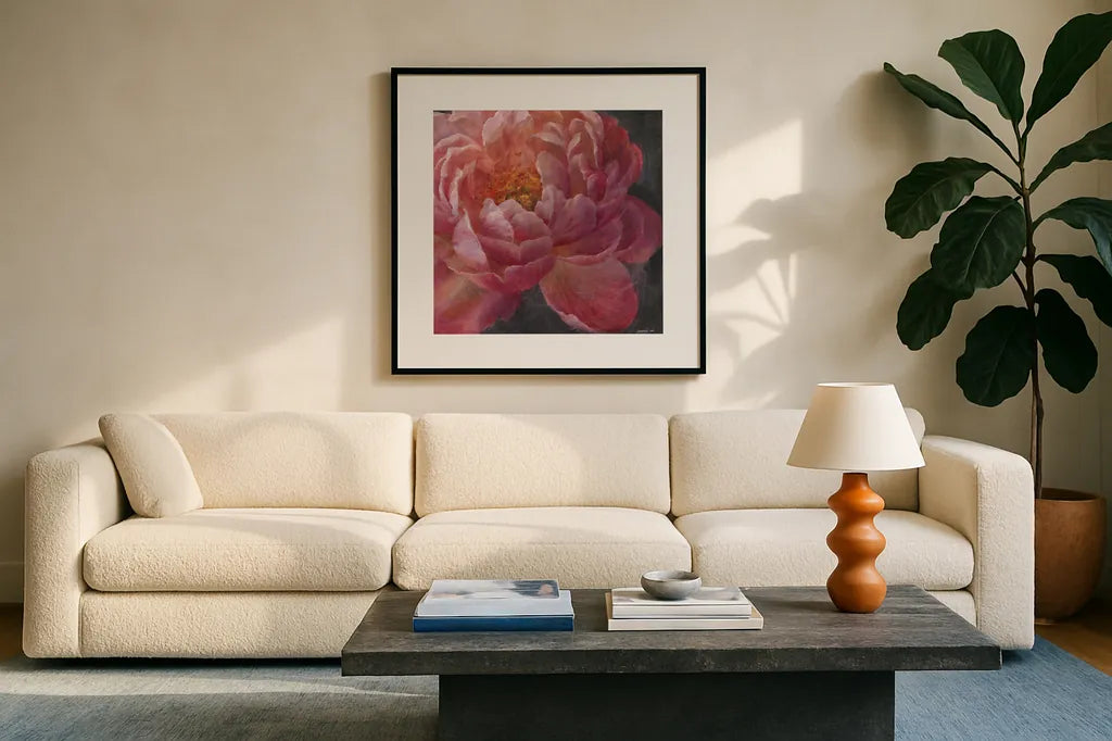 Vivid Floral I Crop by Danhui Nai. Displayed in a glass frame with matte in a clean modern living room. Available as an archival giclee rolled canvas, fine art paper, or poster print. SKU 4947a.