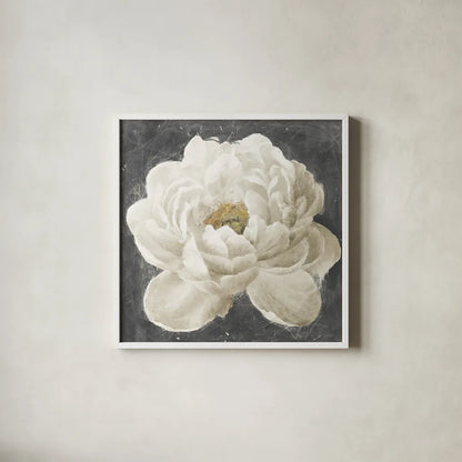 Vivid Floral I White Flower by Danhui Nai. Shown in a crisp white glass frame for a clean and minimalist style. Available as an archival giclee rolled canvas, fine art paper, or poster print. SKU 30771a.