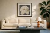 Vivid Floral I White Flower by Danhui Nai. Displayed in a glass frame with matte in a clean modern living room. Available as an archival giclee rolled canvas, fine art paper, or poster print. SKU 30771a.
