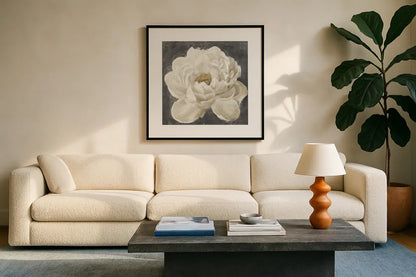 Vivid Floral I White Flower by Danhui Nai. Displayed in a glass frame with matte in a clean modern living room. Available as an archival giclee rolled canvas, fine art paper, or poster print. SKU 30771a.