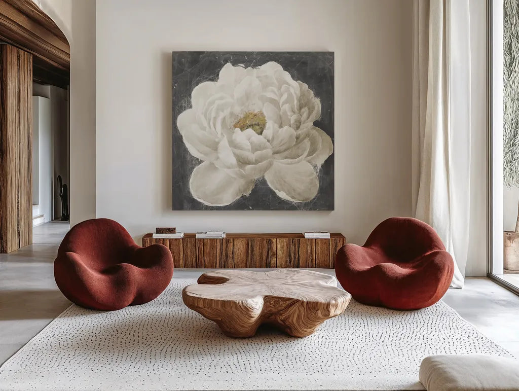 Vivid Floral I White Flower by Danhui Nai. Shown as extra-large giant wall art in a modern living room. Available as an archival giclee rolled canvas, fine art paper, or poster print. SKU 30771a.