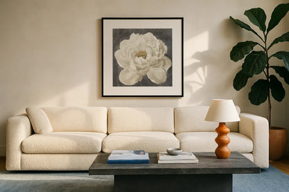 Vivid Floral I White Flower v2 by Danhui Nai. Displayed in a glass frame with matte in a clean modern living room. Available as an archival giclee rolled canvas, fine art paper, or poster print. SKU 54267a.