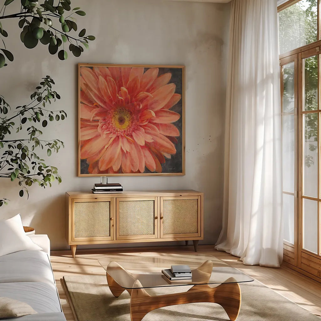 Vivid Floral II Crop by Danhui Nai. Shown in a natural wood frame in a cozy modern living room. Available as an archival giclee rolled canvas, fine art paper, or poster print. SKU 27968a.