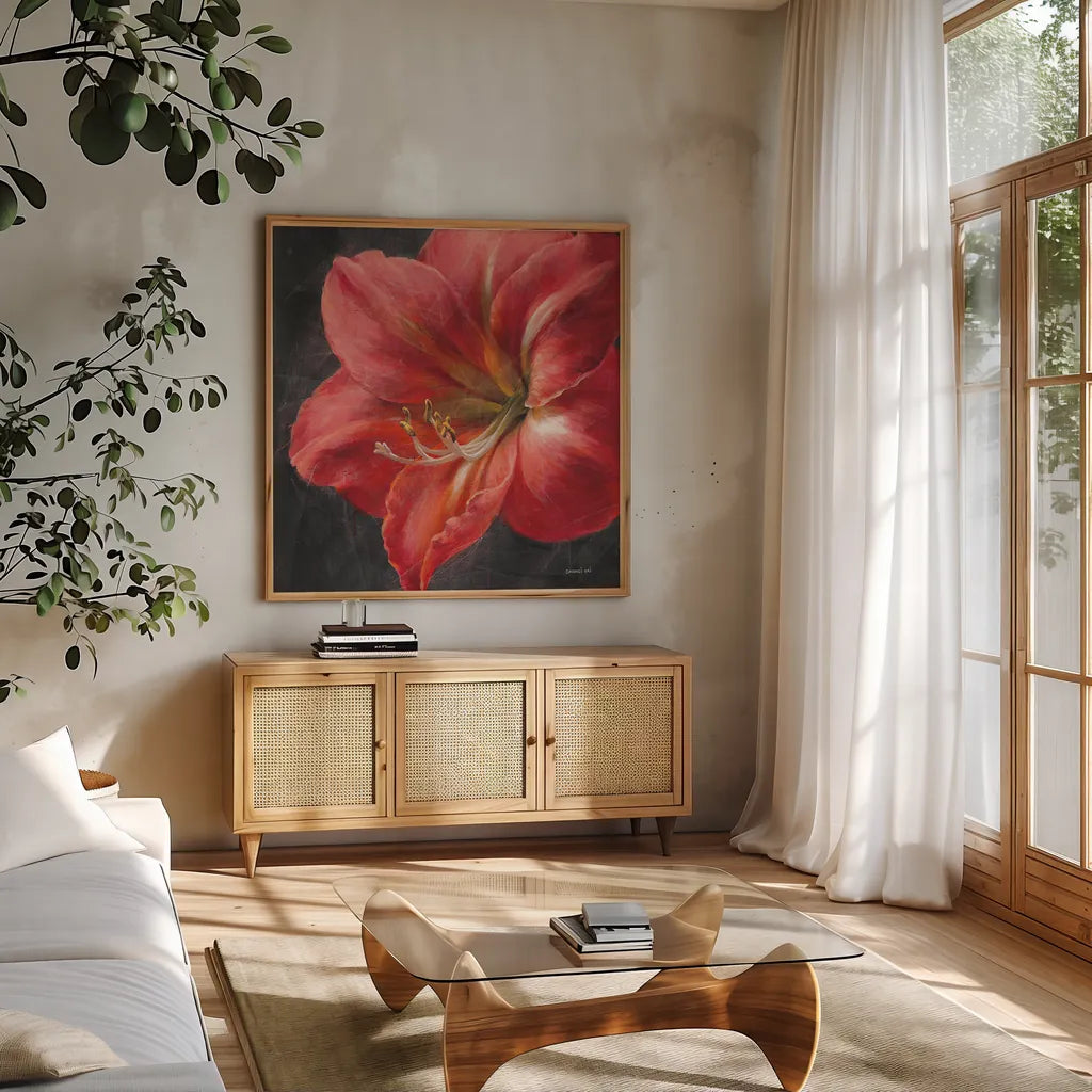 Vivid Floral III Crop by Danhui Nai. Shown in a natural wood frame in a cozy modern living room. Available as an archival giclee rolled canvas, fine art paper, or poster print. SKU 27969a.