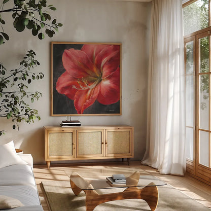 Vivid Floral III Crop by Danhui Nai. Shown in a natural wood frame in a cozy modern living room. Available as an archival giclee rolled canvas, fine art paper, or poster print. SKU 27969a.