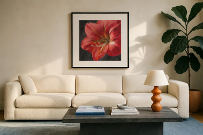 Vivid Floral III Crop by Danhui Nai. Displayed in a glass frame with matte in a clean modern living room. Available as an archival giclee rolled canvas, fine art paper, or poster print. SKU 27969a.